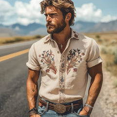 Men's Summer Fashion Classic Retro Western Style Embroidered Cotton and Linen Short Sleeve Shirt MTA2807D7K