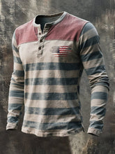 Men's Retro Color Block Henley Collar Long-Sleeve T-Shirt