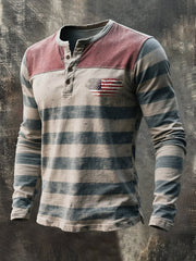 Men's Retro Color Block Henley Collar Long-Sleeve T-Shirt