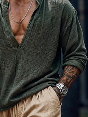 Men's Retro Cotton Linen Special V-Neck Long-Sleeve T-Shirt