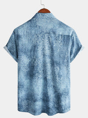 Men's Cotton Vintage Light Blue Short Sleeve Summer Button Up Shirt