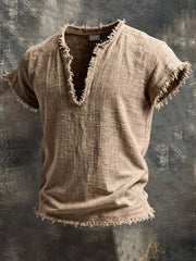 Men's Vintage Distressed Cotton and Linen V-Neck Short-Sleeved T-Shirt