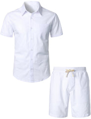 Men's Navy blue Solid Color Linen Cotton Outfit Pocket Short Sleeve Shirt and Shorts Set