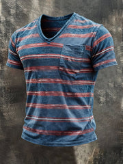 Men's Retro Striped Color Block V-Neck Short-Sleeve T-Shirt