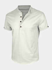 Men’s Casual Cotton Linen Blend Stand Collar Short Sleeve Henley Shirt