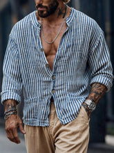 Men'S Retro Striped Cotton Linen Stand Collar Long-Sleeve Shirt