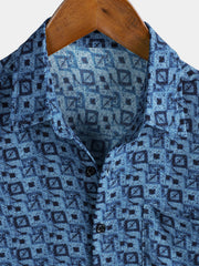 Men's Blue Geometric Print Bohemian Short Sleeve Shirt