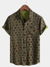 Men’s Vintage Green Geometric Casual Breathable Short Sleeve Shirt