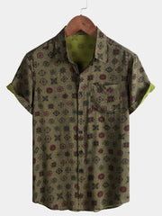 Men’s Vintage Green Geometric Casual Breathable Short Sleeve Shirt