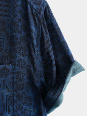 Men's Rayon Navy Blue Geometric Tribal Print Boho Short Sleeve Shirt