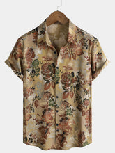 Men's Rayon Rose Print Vintage Casual Short Sleeve Shirt