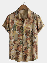 Men's Rayon Rose Print Vintage Casual Short Sleeve Shirt