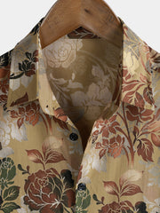 Men's Rayon Rose Print Vintage Casual Short Sleeve Shirt