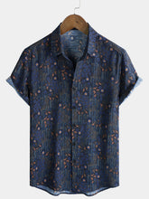Men's Vintage Blue Floral Print Short Sleeve Shirt