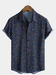 Men's Vintage Blue Floral Print Short Sleeve Shirt