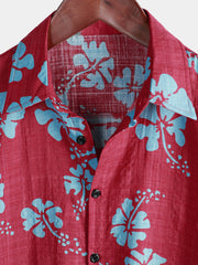 Men's Short Sleeve Red Floral Button Up Beach Tropical Hawaiian Shirt