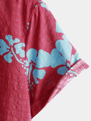 Men's Short Sleeve Red Floral Button Up Beach Tropical Hawaiian Shirt