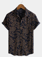 Men's Rayon Navy Paisley Print Retro Boho Short Sleeve Shirt
