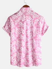 Men's Pink Cotton Hawaiian Floral Button Up Summer Short Sleeve Shirt