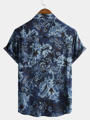 Men's Rayon Blue Floral Print Vintage Casual Short Sleeve Shirt