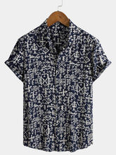 Men's Rayon Navy Blue Tribal Symbol Print Boho Short Sleeve Shirt