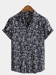Men's Rayon Navy Blue Tribal Symbol Print Boho Short Sleeve Shirt