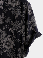 Men's Floral Print Vintage Flower Holiday Breathable Button Up Navy Blue Hawaiian Short Sleeve Shirt