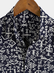 Men's Rayon Navy Blue Tribal Symbol Print Boho Short Sleeve Shirt