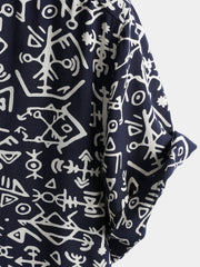 Men's Rayon Navy Blue Tribal Symbol Print Boho Short Sleeve Shirt