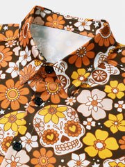 Men's Sugar Skull Floral Daisy Print Holiday Short Sleeve Shirt