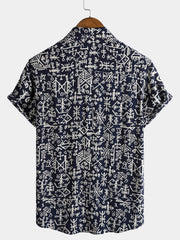 Men's Rayon Navy Blue Tribal Symbol Print Boho Short Sleeve Shirt