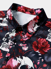 Men's Punk Rock Floral Skull Print Beach Short Sleeve Shirt