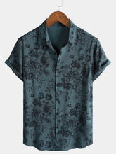 Men's Rayon Vintage Blue Floral Print Vacation Short Sleeve Shirt