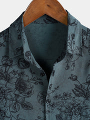 Men's Rayon Vintage Blue Floral Print Vacation Short Sleeve Shirt