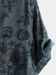 Men's Rayon Vintage Blue Floral Print Vacation Short Sleeve Shirt