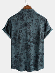 Men's Rayon Vintage Blue Floral Print Vacation Short Sleeve Shirt