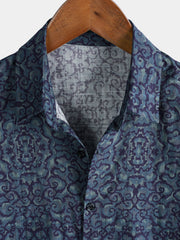 Men's Blue Retro Pattern Casual Short Sleeve Shirt