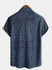 Men's Blue Retro Pattern Casual Short Sleeve Shirt