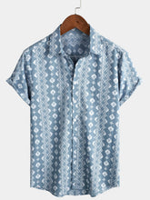 Men's Blue Cotton Retro Button Up Striped Vintage Summer Short Sleeve Shirt