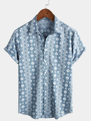 Men's Blue Cotton Retro Button Up Striped Vintage Summer Short Sleeve Shirt