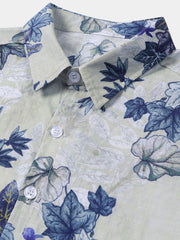 Men's White Blue Botanical Print Casual Short Sleeve Shirt