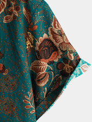 Men's Vintage Holiday Cotton Green Hawaiian Floral Button Up Short Sleeve Shirt