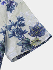 Men's White Blue Botanical Print Casual Short Sleeve Shirt