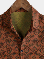 Men's Rayon Orange Geometric Tribal Print Boho Short Sleeve Shirt