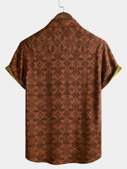 Men's Rayon Orange Geometric Tribal Print Boho Short Sleeve Shirt