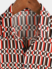 Men's Casual Retro Geometric Button Up Cool Short Sleeve Summer Shirt