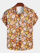 Men's Sugar Skull Floral Daisy Print Holiday Short Sleeve Shirt