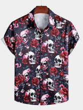 Men's Punk Rock Floral Skull Print Beach Short Sleeve Shirt