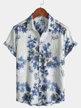 Men's White Blue Botanical Print Casual Short Sleeve Shirt
