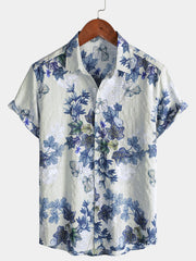 Men's White Blue Botanical Print Casual Short Sleeve Shirt
